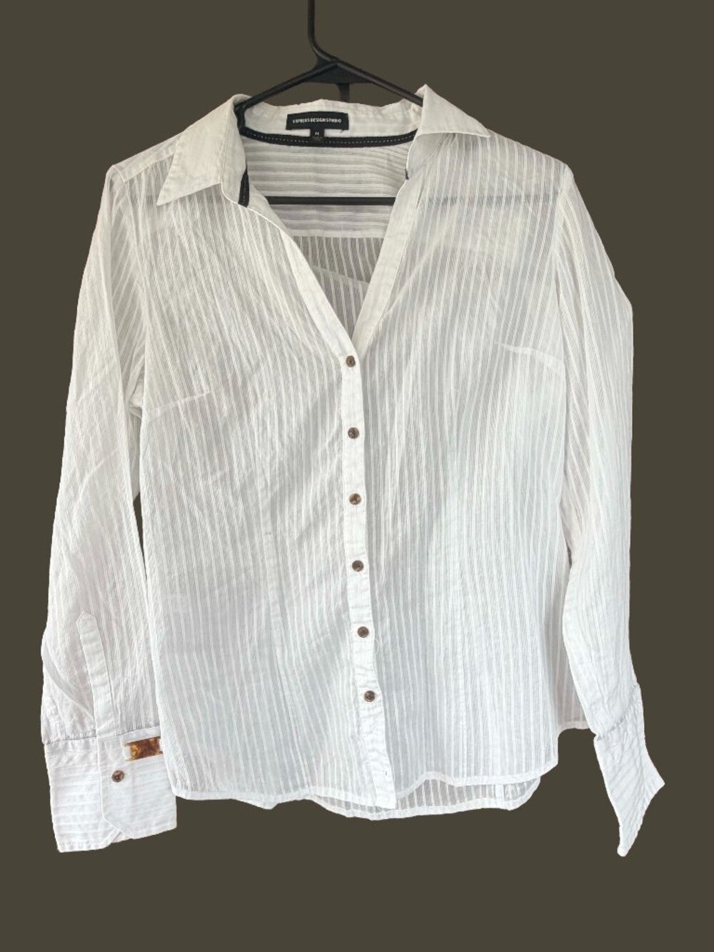 Express Design Studio White Sheer Striped Button Down Blouse M